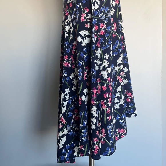 Lewit Dress 100% Silk Floral Garden A Line Navy Flounce Keyhole Cocktail Dress 6 - Picture 14 of 15